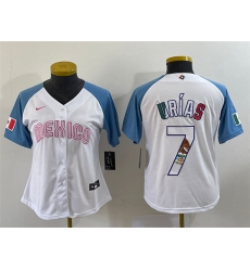 Women Mexico Baseball 7 Julio Urias 2023 White Blue World Baseball Classic Stitched Jersey Women Mexico Baseball 7 Julio Urias 2023 White Blue World Baseball Classic Stitched Jersey