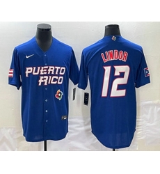 Men's Puerto Rico Baseball #12 Francisco Lindor 2023 Royal World Classic Stitched Jersey Men's Puerto Rico Baseball #12 Francisco Lindor 2023 Royal World Classic Stitched Jersey