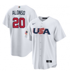 Men USA Baseball 20 Pete Alonso 2023 White World Baseball Classic Replica Stitched Jersey Men USA Baseball 20 Pete Alonso 2023 White World Baseball Classic Replica Stitched Jersey