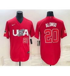 Men USA Baseball #20 Pete Alonso Number 2023 Red World Classic Stitched Jersey 1 Men USA Baseball #20 Pete Alonso Number 2023 Red World Classic Stitched Jersey 1