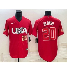 Men USA Baseball #20 Pete Alonso Number 2023 Red World Classic Stitched Jerseys Men USA Baseball #20 Pete Alonso Number 2023 Red World Classic Stitched Jerseys