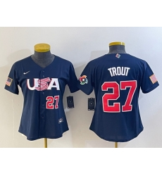 Women's USA Baseball #27 Mike Trout Number 2023 Navy World Classic Stitched Jersey Women's USA Baseball #27 Mike Trout Number 2023 Navy World Classic Stitched Jersey