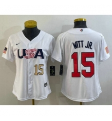 Womens USA Baseball 15 Bobby Witt Jr Number 2023 White World Classic Replica Stitched Jerseys Womens USA Baseball 15 Bobby Witt Jr Number 2023 White World Classic Replica Stitched Jerseys