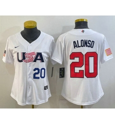 Women's USA Baseball #20 Pete Alonso Number 2023 White World Classic Stitched Jersey I Women's USA Baseball #20 Pete Alonso Number 2023 White World Classic Stitched Jersey I