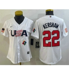 Women's USA Baseball #22 Clayton Kershaw 2023 White World Classic Stitched Jerseys Women's USA Baseball #22 Clayton Kershaw 2023 White World Classic Stitched Jerseys