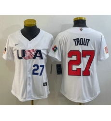 Womens USA Baseball #27 Mike Trout Number 2023 White World Classic Replica Stitched Jersey Womens USA Baseball #27 Mike Trout Number 2023 White World Classic Replica Stitched Jersey