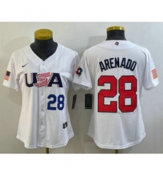 Womens USA Baseball 28 Nolan Arenado Number 2023 White World Classic Replica Stitched Jerseys Womens USA Baseball 28 Nolan Arenado Number 2023 White World Classic Replica Stitched Jerseys