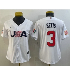 Women's USA Baseball #3 Mookie Betts 2023 White World Classic Replica Stitched Jersey Women's USA Baseball #3 Mookie Betts 2023 White World Classic Replica Stitched Jersey