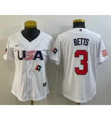 Women's USA Baseball #3 Mookie Betts 2023 White World Classic Replica Stitched Jerseys Women's USA Baseball #3 Mookie Betts 2023 White World Classic Replica Stitched Jerseys