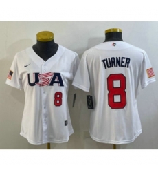 Womens USA Baseball 8 Trea Turner Number 2023 White World Classic Stitched Jerseys Womens USA Baseball 8 Trea Turner Number 2023 White World Classic Stitched Jerseys