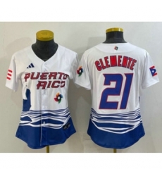 Womens Puerto Rico Baseball 21 Roberto Clemente 2023 White World Classic Stitched Jersey Womens Puerto Rico Baseball 21 Roberto Clemente 2023 White World Classic Stitched Jersey