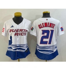 Womens Puerto Rico Baseball 21 Roberto Clemente 2023 White World Classic Stitched Jerseys Womens Puerto Rico Baseball 21 Roberto Clemente 2023 White World Classic Stitched Jerseys