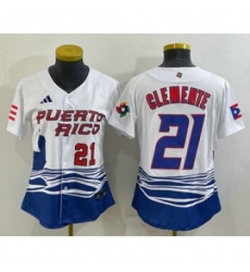 Womens Puerto Rico Baseball 21 Roberto Clemente Number 2023 White World Classic Stitched Jersey Womens Puerto Rico Baseball 21 Roberto Clemente Number 2023 White World Classic Stitched Jersey