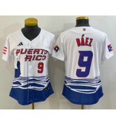 Womens Puerto Rico Baseball 9 Javier Baez Number White 2023 World Baseball Classic Stitched Jersey Womens Puerto Rico Baseball 9 Javier Baez Number White 2023 World Baseball Classic Stitched Jersey