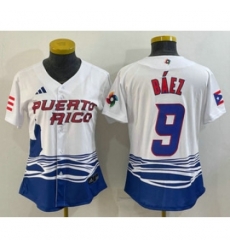 Womens Puerto Rico Baseball 9 Javier Baez White 2023 World Baseball Classic Stitched Jersey Womens Puerto Rico Baseball 9 Javier Baez White 2023 World Baseball Classic Stitched Jersey