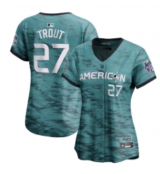 Women Los Angeles Angels 27 Mike Trout Teal 2023 All Star Stitched Baseball Jersey Women Los Angeles Angels 27 Mike Trout Teal 2023 All Star Stitched Baseball Jersey