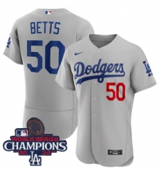 Women Nike Los Angeles Dodgers Mookie Betts #50 Gray Flex Base 2024 World Series Champions Stitched MLB Jersey II Women Nike Los Angeles Dodgers Mookie Betts #50 Gray Flex Base 2024 World Series Champions Stitched MLB Jersey II