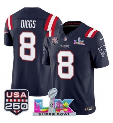 Men New England Patriots 8 Stefon Diggs Navy 2025 F U S E Super Bowl LX Patch And USA 250 27 Patch Vapor Limited Football Stitched Jersey Men New England Patriots 8 Stefon Diggs Navy 2025 F U S E Super Bowl LX Patch And USA 250 27 Patch Vapor Limited Football Stitched Jersey