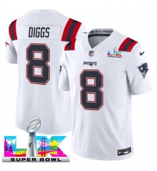 Men New England Patriots 8 Stefon Diggs White 2025 F U S E  Super Bowl LX Patch Vapor Limited Stitched Football Jersey