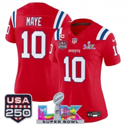 Women New England Patriots 10 Drake Maye Red 2025 F U S E  1 Star C Patch And Super Bowl LX Patch  26 USA 250 27 Patch Vapor Limited Football Stitched Jers