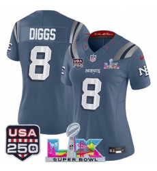 Women New England Patriots 8 Stefon Diggs Storm Blue 2025 F U S E Super Bowl LX  USA 250 Patch Rivalries Vapor Limited Football Stitched Jersey 
