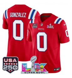 Youth New England Patriots 0 Christian Gonzalez Red 2025 F U S E  Super Bowl LX Patch And USA 250 27 Patch Vapor Limited Stitched Football Jersey