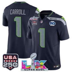 Men Seattle Seahawks 1 Pete Carroll Navy 2025 F U S E  Super Bowl LX Patch And 50th Season  USA 250 Patch Vapor Limited Football Stitched Jersey